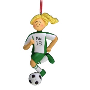 Green Jersey Female Soccer Dribbler - Blonde Hair - Soccer Player - Personalized Ornaments - Pitch - Forward - Striker - Defender - Midfield
