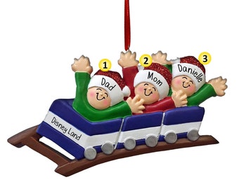 Blue Roller Coaster Family - 3 - Personalized Christmas Ornaments - Family Ornaments - Family of 3 amusement park - theme park - fairgrounds