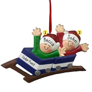 Blue Roller Coaster Couple - Personalized Christmas Ornaments - Family of 2 - amusement park - theme park - fairgrounds - state fair