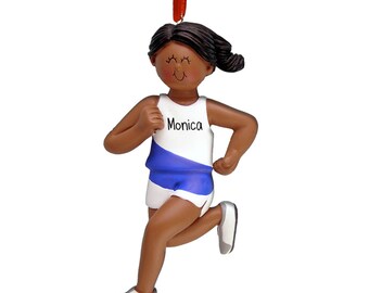 Female Runner with Stripe - Dark Skin - Personalized Ornaments - Fitness - 1st Marathon - 10K - 5K - Track - Cross-Country - XC