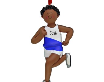 Male Runner with Stripe - Dark Skin - Personalized Ornaments - Fitness - 1st Marathon - 10K - 5K - Track - Cross-Country - XC