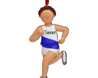 Male Runner with Stripe - Brown Hair - Personalized Ornaments - Fitness - 1st Marathon - 10K - 5K - Track - Cross-Country - XC