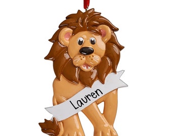 Personalized Lion with Banner Christmas Ornament - Zoo Animals - Roar - King of the Jungle - Free Personalization