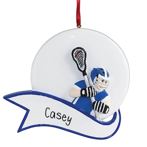 Personalisierter Lacrosse-Spieler mit blauer Banner-Weihnachtsverzierung - Team-Geschenkideen - High School - Jugendsport - Kostenlose Personalisierung