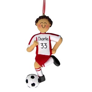Red Jersey Male Soccer Dribbler - Brown Hair - Soccer Player - Personalized Ornaments - Pitch - Forward - Striker - Defender - Midfield