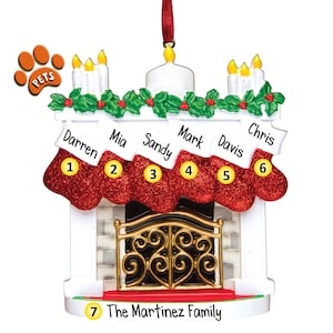 Fireplace with Red Socks and Candles - 6 - Hanging Stockings by the Fire - Optional Pets - Large Families - Personalized Christmas Ornaments