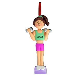 Girl with Dumbells - Brown Hair - Christmas Ornaments - Fitness exercise