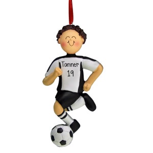Black Jersey Male Soccer Dribbler - Brown Hair - Soccer Player - Personalized Ornaments - Pitch - Forward - Striker - Defender - Midfield