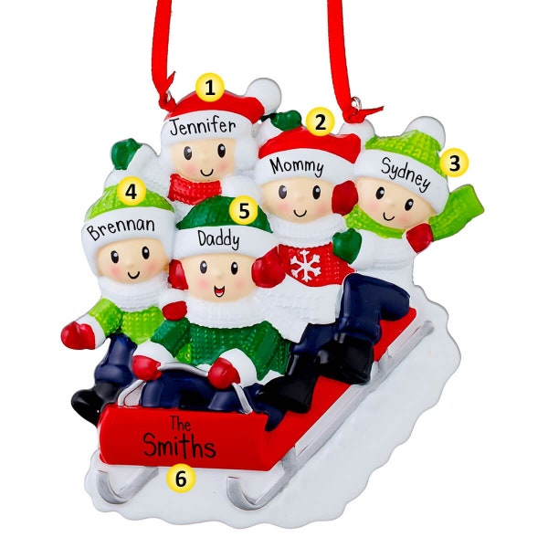 Personalized Family Riding Red Sled - 5 Christmas Ornament - Sledding Down a Hill - Fun in the Snow - Winter Joy - Toboggan - Five