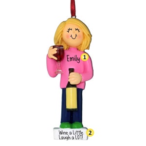 Wine Lover with Bottle - Blonde Hair - Personalized Christmas Ornament - Red Wine - Wine Country - Wine Tasting - Pandemic Stress Relief