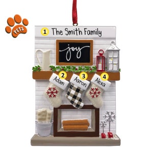 Personalized Fireplace Ornament - 3 - Christmas Joy Family - Country Home - Optional Pets - Stockings by the Fire - Free Personalization