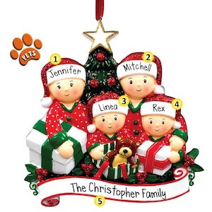 Opening Gifts Family - 4 - Personalized Ornaments - Family Ornaments - Family of 4 - Optional Pets - Christmas morning - opening presents