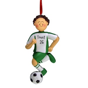Green Jersey Male Soccer Dribbler - Brown Hair - Soccer Player - Personalized Ornaments - Pitch - Forward - Striker - Defender - Midfield