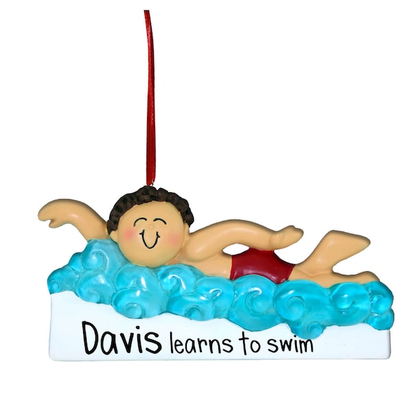 Learning to Swim - Male Brown Hair - Personalized Christmas Ornaments - Swimming Lessons - Loves the Water - Pool - Swim Team - Freestyle