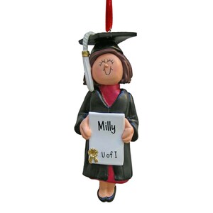 Cinta de niña graduada en el diploma - Cabello castaño - Adornos navideños - Graduación - Título universitario - Escuela secundaria - Personalización gratuita