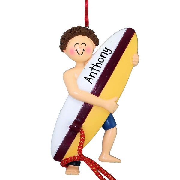 Surfer Male Carrying Board - Brown Hair - Personalized Christmas Ornaments - Water Sports - big waves - hawaii - beach - surfing