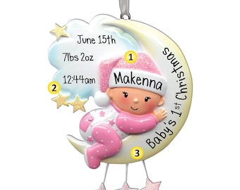 Baby Girl Hugging Moon - Personalized Christmas Ornaments - 1st Christmas new baby - girl