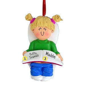 Potty Training Girl - Blonde Hair - Personalized Ornaments - 1st Christmas  - Learning to use the toilet - no more diapers - potty-trained