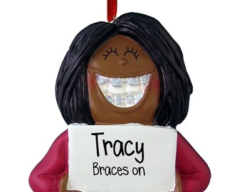 Girl with Braces - African American - Christmas Ornaments - Dentist - Brace Face - Orthodontist - Tin is In - Perfect Smile