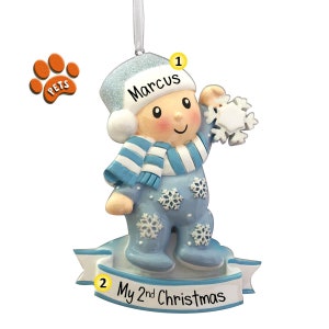 Personalized Baby Boy in Pajamas Holding Snowflake 1st Christmas Ornament - Baby&#39;s First - Free Personalization - Add a Pet - Puppy - Cat