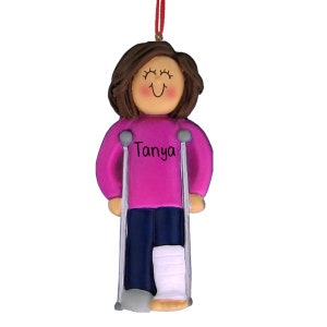 Female with Broken Leg - Brown - Christmas Ornaments -  cast - broken leg - break - accident - surgery - hospital - doctor