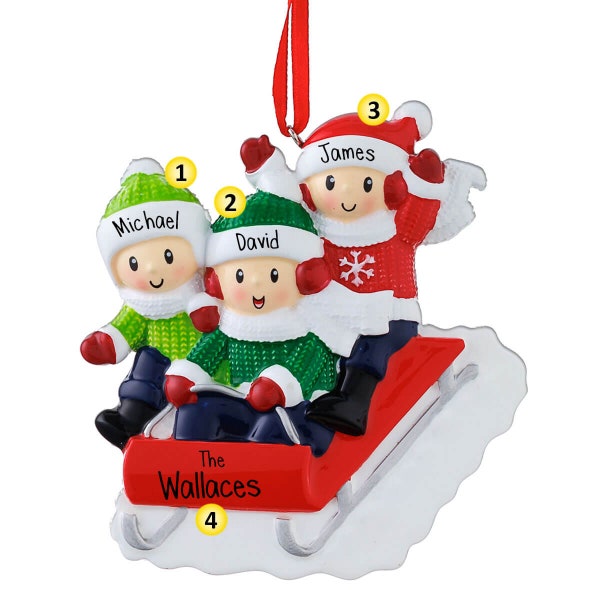 Personalized Family Riding Red Sled - 3 Christmas Ornament - Sledding Down a Hill - Fun in the Snow - Winter Joy - Toboggan - Three