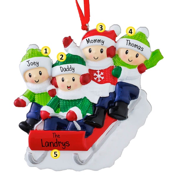 Personalized Family Riding Red Sled - 4 Christmas Ornament - Sledding Down a Hill - Fun in the Snow - Winter Joy - Toboggan - Four