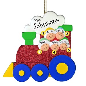Train Family with Blue Wheels - 5 - Personalized Ornaments - Family Ornaments - Family of 5