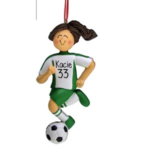 Green Jersey Female Soccer Dribbler - Brown Hair - Soccer Player - Personalized Ornaments - Pitch - Forward - Striker - Defender - Midfield