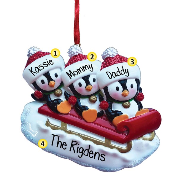 Penguin Sledding Family - 3 - Personalized Christmas Ornament - Cold Winter - North Pole - Toboggan - Mountains - Perfect Handwriting