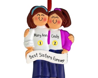 Freundinnen / Schwestern - Beide braunes Haar - Personalisierte Weihnachtsverzierung - Besties - Cousinen - Enkel - Kostenlose Personalisierung