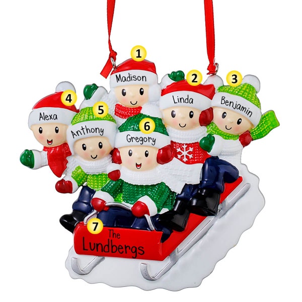 Personalized Family Riding Red Sled - 6 Christmas Ornament - Sledding Down a Hill - Fun in the Snow - Winter Joy - Toboggan - Six
