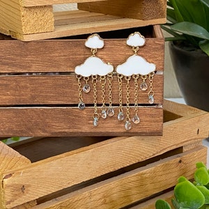 Sparkly Gold Rain Cloud Earrings | Rain Cloud Gifts | Nature Earrings | Dangle Cloud Earrings | Weather Earrings Jewelry
