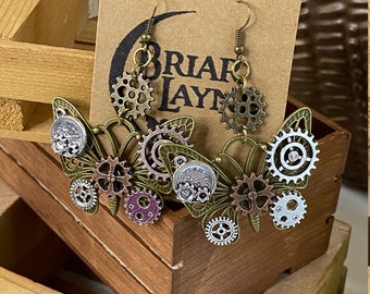 Steampunk Earrings | Cosplay Earrings | Multi Gear Gadget Earrings | Technology Earrings | Butterfly Earrings