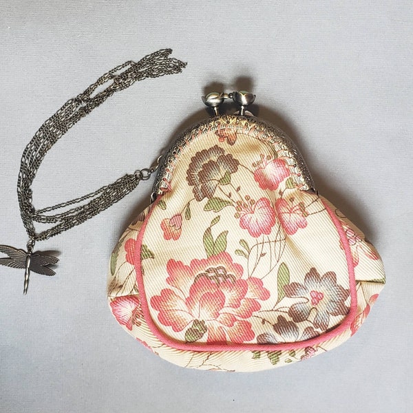 Vintage Purse, Antique Style Floral Small Handbag, Unique Purse, Retro Evening Clutch, Dragonfly Pink Flowers Purse, Handmade Vintage Fabric