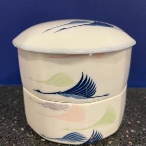 Puede incluir: Un recipiente de cerámica blanquecina de dos piezas con tapa. El recipiente y la tapa están decorados con un patrón repetido de aves estilizadas en vuelo, utilizando tonos azules, rosas y verdes. El recipiente es probablemente para almacenamiento.