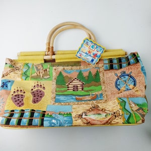 Andrea Tachiera Mountain Lake Cabin Handbag Tote Wood Handles Zipper Closure 17”