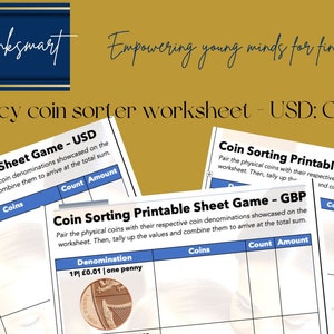 Coin Sorting Printable Worksheet: Multiple Currencies USD - Etsy