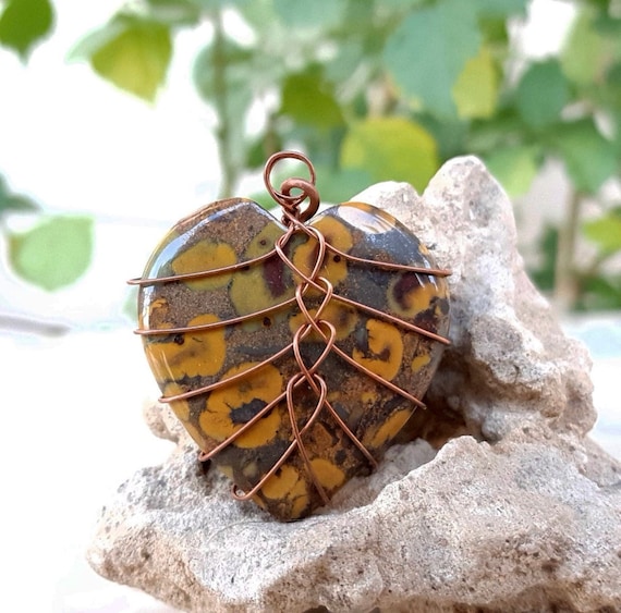 Fruit Jasper Pendant Copper Wire Wrapped Heart Pendant Necklace