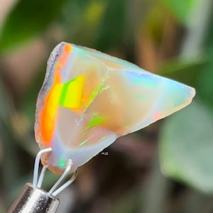 Puede incluir: Una pequeña pieza de ópalo triangular, rugosa, con un arcoíris de colores, incluyendo verde, amarillo, naranja y azul.