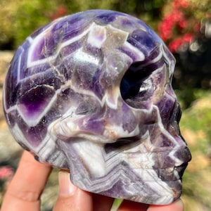 Amethyst Skull Human Crystal Skull Carving | Chevron Amethyst Skull | Human Skull Art | Purple Crystal Skull