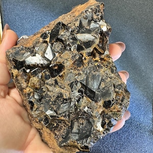 May include: A raw, natural mineral specimen featuring a cluster of lustrous, black crystals. The crystals are sharply defined and reflect light, set against a matrix of brown and tan rock. The overall appearance is rough and textured.