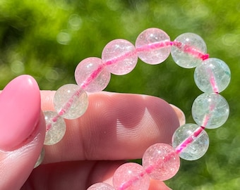 Gemmy groene armband met aardbeienkwarts | Aardbeikwartskristalarmband | Armband met kristallen kralen