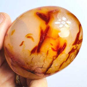 May include: A polished, oval-shaped carnelian stone. The stone features a translucent, peach-colored base with vibrant orange and red veining and inclusions. The surface has a glossy finish, highlighting the natural patterns and colors.