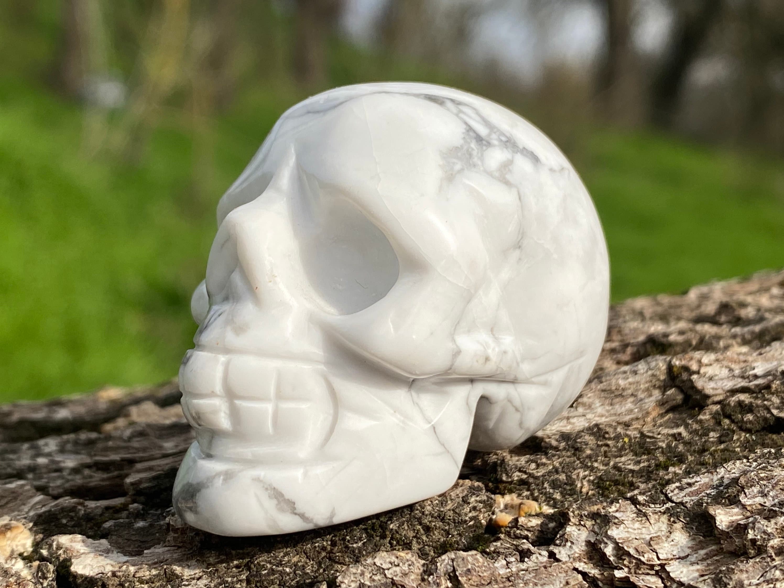 Polished White Howlite Skull, Natural Carved Crystal Stone (2” 74g