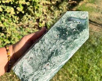 BIG 4lb XXL Chunky Moss Agate Tower Druzy Geode Tower Obelisk Point Wand Carved Crystal Tower ~ Statement Crystal Tower Reiki Decor Wicca