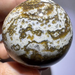 May include: A polished, spherical stone with a mottled pattern of brown, white, and tan. The orb-shaped object has a smooth, reflective surface, showcasing natural variations in color and texture. The stone is held in a hand, suggesting its size and portability.