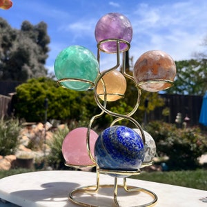 Support sphère en cristal doré | Support 7 sphères | Porte-sphère | Présentoir de sphère de cristal