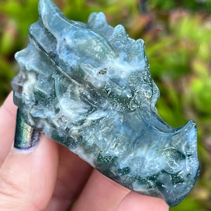 Moss Agate Dragon | Moss Agate Skull Head | Moss Agate Crystal Dragon | Dragon Figurine Skull Art Carving