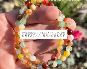 Pulseira colorida de cristal de ágata facetada | Pulseira de miçangas de ágata